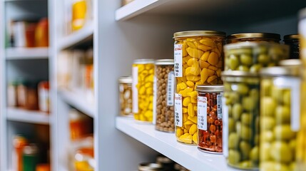 Canned food neatly arranged on a white shelf, emphasizing expiration dates and safety labels for food safety awareness. 