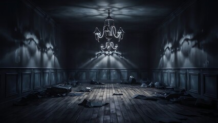 Image of grunge dark room interior with wood floor and chandelier. Background