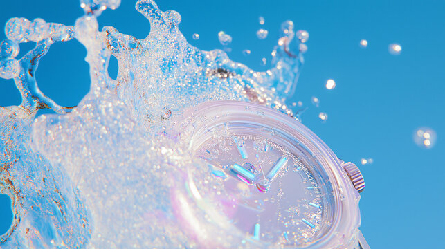 background with a pearlescent plastic wrist watch and a gentle water splash in an ultra-soft focus, emphasizing a dreamy, ethereal y2k aesthetic, pure blue sky background