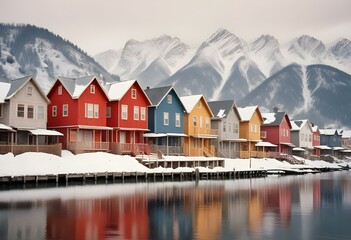 Fototapeta premium Colorful houses along a snowy waterfront with mountains in the background