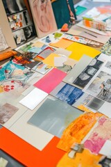 Colorful paper scraps and samples on a white surface with an orange accent.