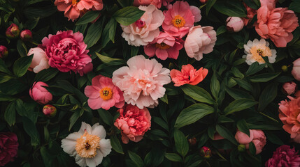 Fototapeta premium A sprawling field of peonies in full bloom showcases their large, soft petals, creating a lush and romantic floral landscape.