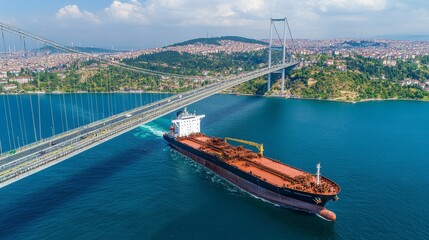 Naklejka premium An aerial view of an oil tanker transporting crude oil from a refinery on the Marmara Sea, passing through the Istanbul Bosphorus, showcasing maritime transportation and energy logistics