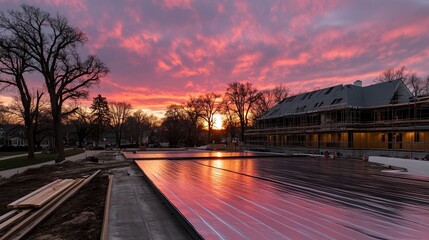 Steel flooring construction at a building site with partially erected structure during sunset, highlighting industrial materials, development process, and large-scale urban expansion