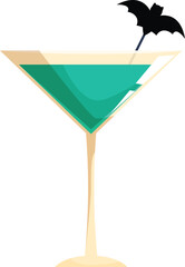 Green cocktail in martini glass decorated with black bat for halloween party celebration