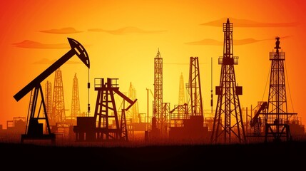 Silhouette of oil production company with towering rigs extracting natural resources against a dramatic evening sky. Industrial landscape representing energy, exploration, and fuel supply