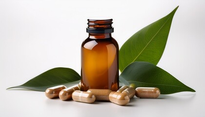 amber bottle with supplements and leaves on a white background