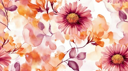 Seamless pattern featuring asters against a backdrop of abstract shapes Watercolor floral design in autumn hues