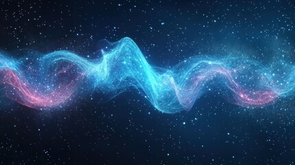 Abstract blue and pink glowing wave in a night sky with stars.