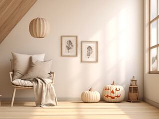 Modern minimalist japandi interior living room with halloween decor elements in neutral color with orange accent