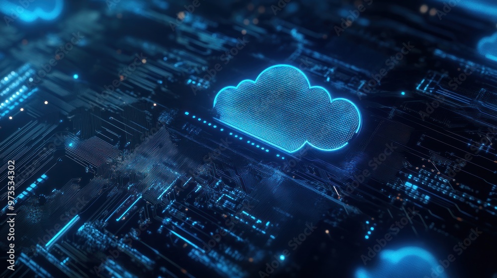 Poster blue glowing cloud computing icon on digital circuit board.