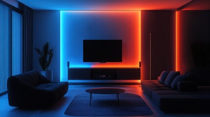 A mid-sized living room with LED lights, a black couch, grey walls, and a modern TV stand in the middle of the wall, with blue and orange lighting. 