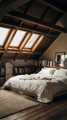 Beautiful cozy room in a loft style. bedroom with large bed and white bed linen, and above it the lights are on