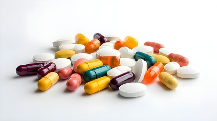pills and capsules on isolated white background.