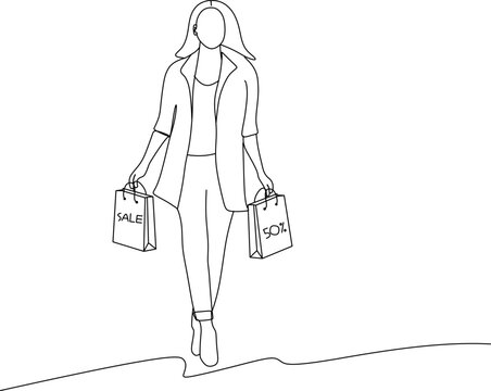 recommend clip art: line art of Beautiful woman shopping ,vector illustration