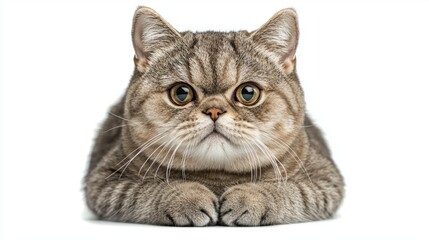 charming American Shorthair cat showcases its round face and distinct striped coat. The feline sits gracefully with an intriguing expression, captivating hearts at first glance.