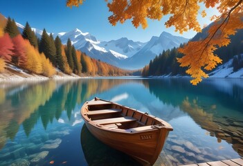 Obraz premium A wooden boat floating on a serene lake surrounded by majestic snow-capped mountains in the background