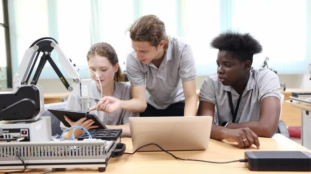 Group male and female robotics engineering students congratulate each other after discovering information  laptop classroom with modern teaching equipment including robot that moves on a table.