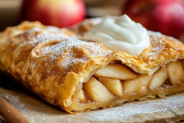 German apple strudel, with a flaky golden crust, dusted with powdered sugar, and served with a dollop of whipped cream
