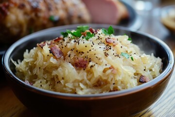 Authentic German sauerkraut with bacon and pepper in a rustic bowl