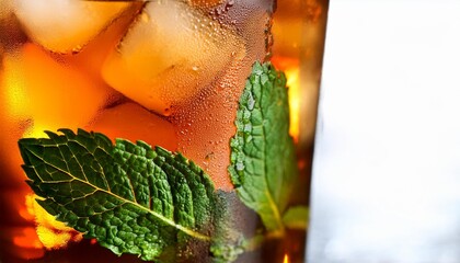 photograph of a glass of mint iced tea with condensation droplets