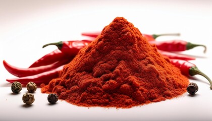 a pile of red chili powder with whole chili peppers and peppercorns