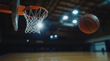 A basketball is about to enter the hoop in a dimly lit indoor court.