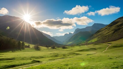 Fototapeta premium Photo of beautiful mountain landscape, natural background, blue sky with bright sun light, fresh air, green pasture valley in Lebanon mountains, scenic place, traveling and active vacation concept
