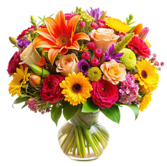 Beautiful vivid colorful mixed flower bouquet Isolated on transparent background.