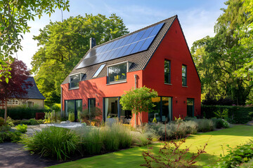 Gorgeous red-brick home with a verdant garden and solar panels.