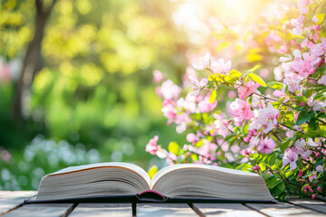 Open book on table in front of spring background.