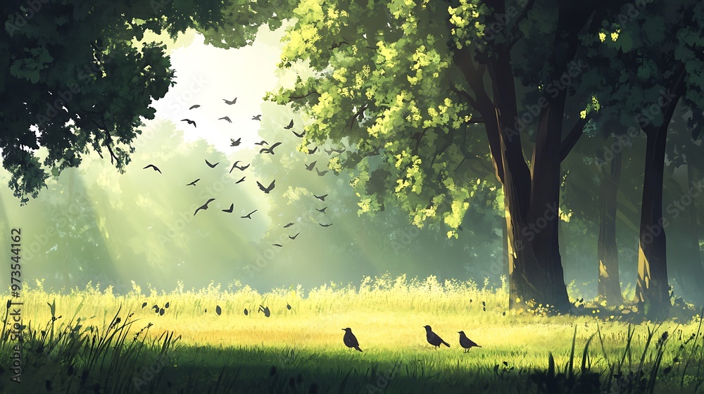 Canvas Prints Sunrise in the Forest with Birds Flying and Sitting on Grass