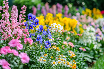 Vibrant flower bed with diverse colorful blooms.