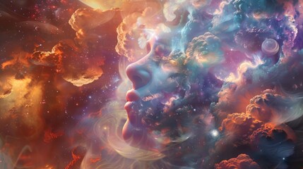 Abstract portrait with swirling galaxy clouds.