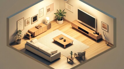 Isometric view of a living room interior with a couch, TV, and a coffee table.