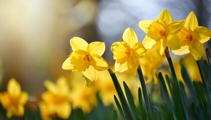 yellow daffodil blooms juxtaposed against a soft blurred natural background capturing the essence of vibrant spring florals in serene atmosphere