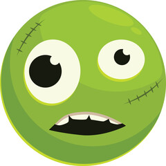 Green monster face with stitches is showing fear with its open mouth