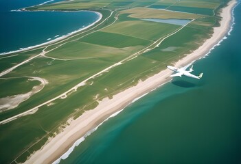 Aerial view of a green and white airplane wing flying
