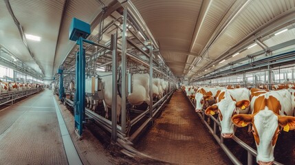 Fototapeta premium Cows in a modern barn being milked by machinery.