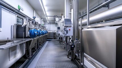 Industrial factory interior with stainless steel machinery and conveyor belts.