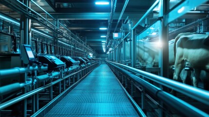 Fototapeta premium Modern, futuristic dairy farm with cows standing in stalls along a steel walkway.