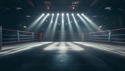 Empty boxing ring with bright spotlights.