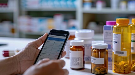 person using a smartphone to manage prescriptions next to various medication bottles on a pharmacy counter.