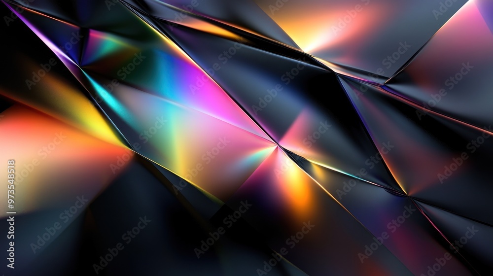 Sticker abstract background with iridescent geometric shapes and glowing light.