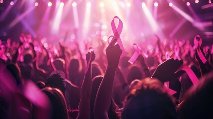 vibrant crowd holds pink ribbons during an evening event, symbolizing unity and support for a worthy cause.