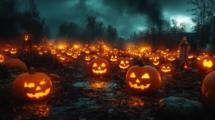 A spooky Halloween scene with glowing jack-o'-lanterns at dusk.