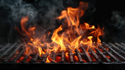 Hot burning grill with flames and smoke.
