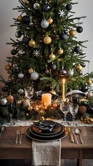Fototapeta premium Christmas background with Christmas tree on wooden table. Black, golden and silver ornaments
