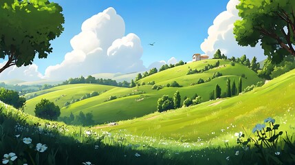 Fototapeta premium Sunny Day in Green Hills with White Clouds and a House on a Hilltop