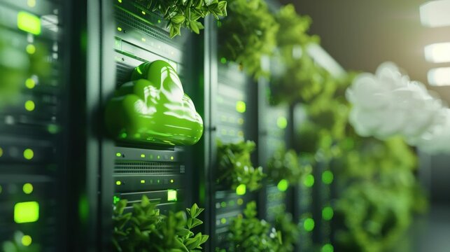 green cloud technology, data storage, environmentally friendly servers with plants, bright background, modern concept of eco friendly digital solutions, focus on sustainability and innovation